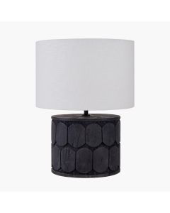 Cezara Embossed Black Wood Wide Table Lamp Base with Lino 40cm White Self Lined Linen Cylinder Lampshade