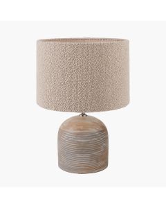 Nelu Grey Engraved Wood Dome Table Lamp Base with Rouen 35cm Taupe Boucle Cylinder Lampshade
