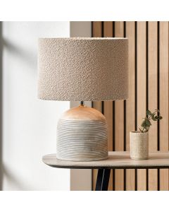 Nelu Grey Engraved Wood Dome Table Lamp Base with Rouen 35cm Taupe Boucle Cylinder Lampshade