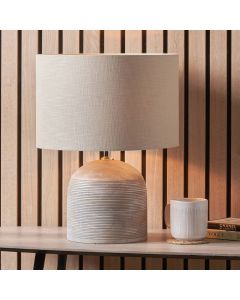 Nelu Grey Engraved Wood Dome Table Lamp Base with Lino 35cm Grey Self Lined Linen Cylinder Lampshade