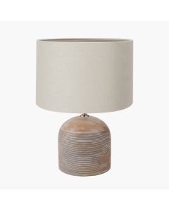 Nelu Grey Engraved Wood Dome Table Lamp Base with Lino 35cm Grey Self Lined Linen Cylinder Lampshade