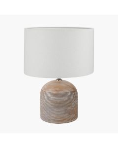 Nelu Grey Engraved Wood Dome Table Lamp Base with Lino 35cm White Self Lined Linen Cylinder Lampshade