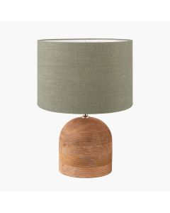 Nelu Natural Engraved Wood Dome Table Lamp Base with Edward 35cm Pistachio Green Linen Cylinder Lampshade