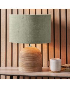 Nelu Natural Engraved Wood Dome Table Lamp Base with Edward 35cm Pistachio Green Linen Cylinder Lampshade