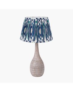 Ioan Grey Engraved Wood Bottle Table Lamp Base with Izara 40cm Ocean Blue Ikat Patterned Mushroom Pleat Tapered Lampshade