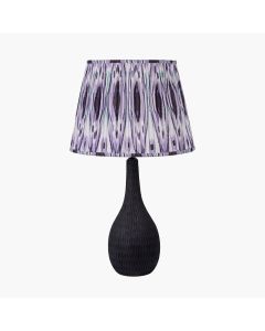 Ioan Black Engraved Wood Bottle Table Lamp Base with Izara 40cm Lilac Ikat Patterned Mushroom Pleat Tapered Lampshade