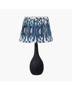 Ioan Black Engraved Wood Bottle Table Lamp Base with Izara 40cm Ocean Blue Ikat Patterned Mushroom Pleat Tapered Lampshade