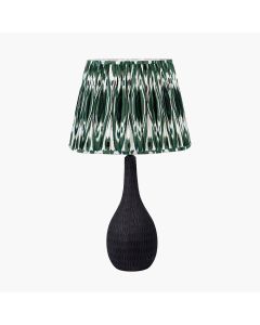 Ioan Black Engraved Wood Bottle Table Lamp Base with Izara 40cm Racing Green Ikat Patterned Mushroom Pleat Tapered Lampshade