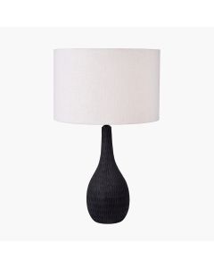 Ioan Black Engraved Wood Bottle Table Lamp Base with Lino 40cm White Self Lined Linen Cylinder Lampshade