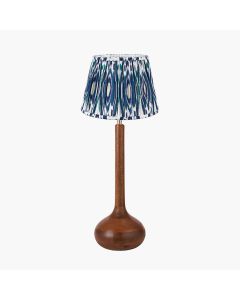 Toma Oiled Wood Tall Neck Table Lamp Base with Izara 35cm Ocean Blue Ikat Patterned Mushroom Pleat Tapered Lampshade