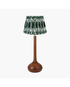 Toma Oiled Wood Tall Neck Table Lamp Base with Izara 35cm Racing Green Ikat Patterned Mushroom Pleat Tapered Lampshade