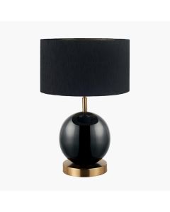 Sofia Black and Gold Enamel Table Lamp Base with Stellan 35cm Black Slubbed Silk Mix Gold Lined Cylinder Lampshade