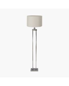 Langston Nickel Metal Column Floor Lamp Base with Lino 45cm Grey Self Lined Linen Cylinder Lampshade