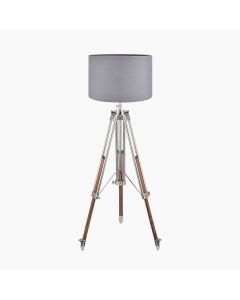 Port Nickel and Wood Tripod Floor Lamp Base with Lino 55cm Steel Grey Self Lined Linen Cylinder Lampshade