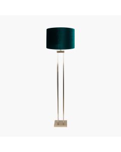 Langston Satin Brass Metal Column Floor Lamp Base with Bow 45cm Forest Green Velvet Cylinder Lampshade