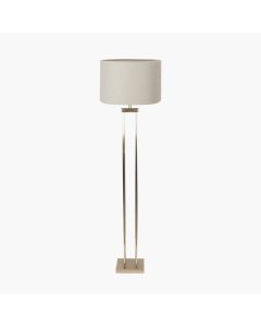 Langston Satin Brass Metal Column Floor Lamp Base with Lino 45cm Grey Self Lined Linen Cylinder Lampshade