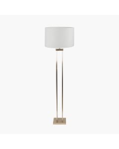 Langston Satin Brass Metal Column Floor Lamp Base with Lino 45cm White Self Lined Linen Cylinder Lampshade