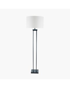 Langston Matt Black Metal Column Floor Lamp Base with Lino 45cm White Self Lined Linen Cylinder Lampshade