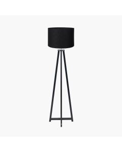 Whitby Matt Black Wood Tapered 4 Post Floor Lamp Base with Lino 45cm Black Self Lined Linen Cylinder Lampshade