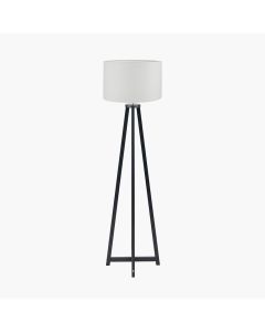 Whitby Matt Black Wood Tapered 4 Post Floor Lamp Base with Lino 45cm White Self Lined Linen Cylinder Lampshade