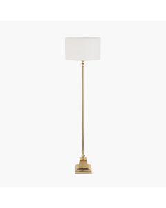 Claudius Gold Metal Stick Floor Lamp Base with Henry 40cm White Handloom Cylinder Lampshade