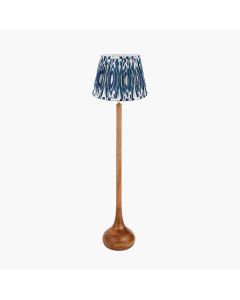 Toma Oiled Wood Tall Neck Floor Lamp Base with Izara 45cm Ocean Blue Ikat Patterned Mushroom Pleat Tapered Lampshade