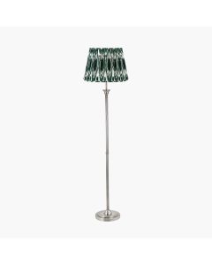 Salvatore Antique Silver Metal Floor Lamp Base with Izara 45cm Racing Green Ikat Patterned Mushroom Pleat Tapered Lampshade