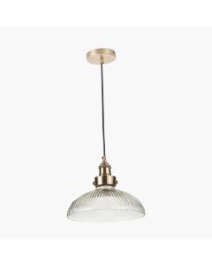 Bowery Large Ribbed Glass with Antique Brass Fitting Electric Pendant