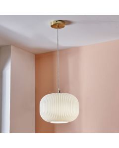 Bella White Glass and Gold Metal Ribbed Squoval Pendant