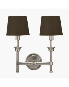 Salvatore Antique Silver Metal Double Wall Light with Pelham 15cm Grey Handloom Tapered Candle Clip Lampshade