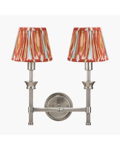 Salvatore Antique Silver Metal Double Wall Light with Izara 16cm Cinnamon Ikat Patterned Mushroom Pleat Tapered Lampshade