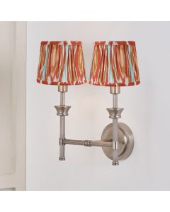 Salvatore Antique Silver Metal Double Wall Light with Izara 16cm Cinnamon Ikat Patterned Mushroom Pleat Tapered Lampshade