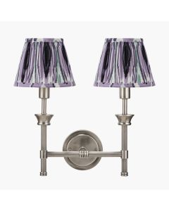 Salvatore Antique Silver Metal Double Wall Light with Izara 16cm Lilac Ikat Patterned Mushroom Pleat Tapered Lampshade