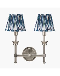 Salvatore Antique Silver Metal Double Wall Light with Izara 16cm Ocean Blue Ikat Patterned Mushroom Pleat Tapered Lampshade