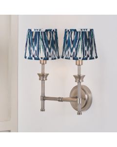 Salvatore Antique Silver Metal Double Wall Light with Izara 16cm Ocean Blue Ikat Patterned Mushroom Pleat Tapered Lampshade