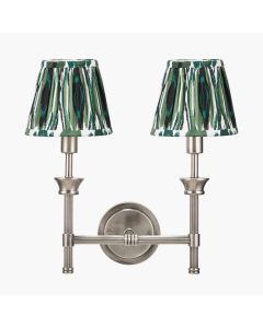 Salvatore Antique Silver Metal Double Wall Light with Izara 16cm Racing Green Ikat Patterned Mushroom Pleat Tapered Lampshade