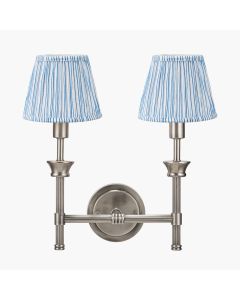 Salvatore Antique Silver Metal Double Wall Light with Thiago 16cm Ocean Blue Stripe Mushroom Pleat Tapered Lampshade