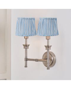 Salvatore Antique Silver Metal Double Wall Light with Thiago 16cm Ocean Blue Stripe Mushroom Pleat Tapered Lampshade