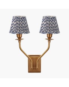 Tatiana Antique Brass Metal Double Wall Light with Vienna 16cm Blue Chevron Mushroom Pleat Lampshade