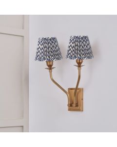 Tatiana Antique Brass Metal Double Wall Light with Vienna 16cm Blue Chevron Mushroom Pleat Lampshade
