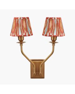 Tatiana Antique Brass Metal Double Wall Light with Izara 16cm Cinnamon Ikat Patterned Mushroom Pleat Tapered Lampshade
