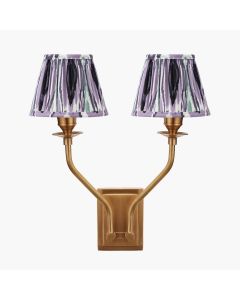 Tatiana Antique Brass Metal Double Wall Light with Izara 16cm Lilac Ikat Patterned Mushroom Pleat Tapered Lampshade