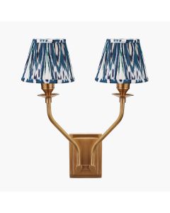 Tatiana Antique Brass Metal Double Wall Light with Izara 16cm Ocean Blue Ikat Patterned Mushroom Pleat Tapered Lampshade