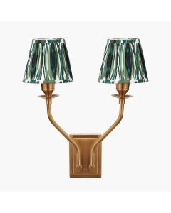 Tatiana Antique Brass Metal Double Wall Light with Izara 16cm Racing Green Ikat Patterned Mushroom Pleat Tapered Lampshade