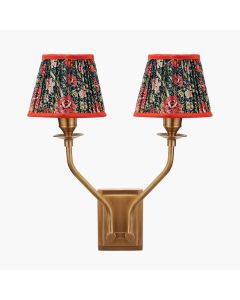 Tatiana Antique Brass Metal Double Wall Light with Floressa 16cm Red Floral Patterned Mushroom Pleat Tapered Lamp Shade