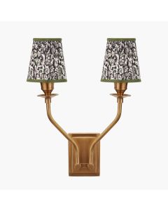 Tatiana Antique Brass Metal Double Wall Light with Ornella 14cm Green Floral Design Mushroom Pleat Tall Tapered Candle Clip Lampshade
