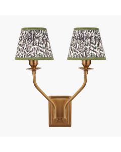 Tatiana Antique Brass Metal Double Wall Light with Ornella 16cm Green Floral Design Mushroom Pleat Tapered Lamp Shade