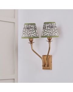 Tatiana Antique Brass Metal Double Wall Light with Ornella 16cm Green Floral Design Mushroom Pleat Tapered Lamp Shade