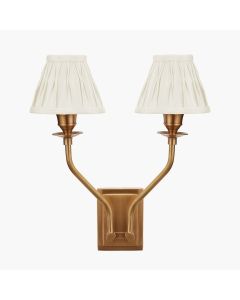 Tatiana Antique Brass Metal Double Wall Light with Garbo 15cm Cream Silk Mix Pinch Pleat Tapered Candle Clip Lampshades