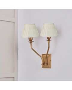 Tatiana Antique Brass Metal Double Wall Light with Garbo 15cm Cream Silk Mix Pinch Pleat Tapered Candle Clip Lampshades